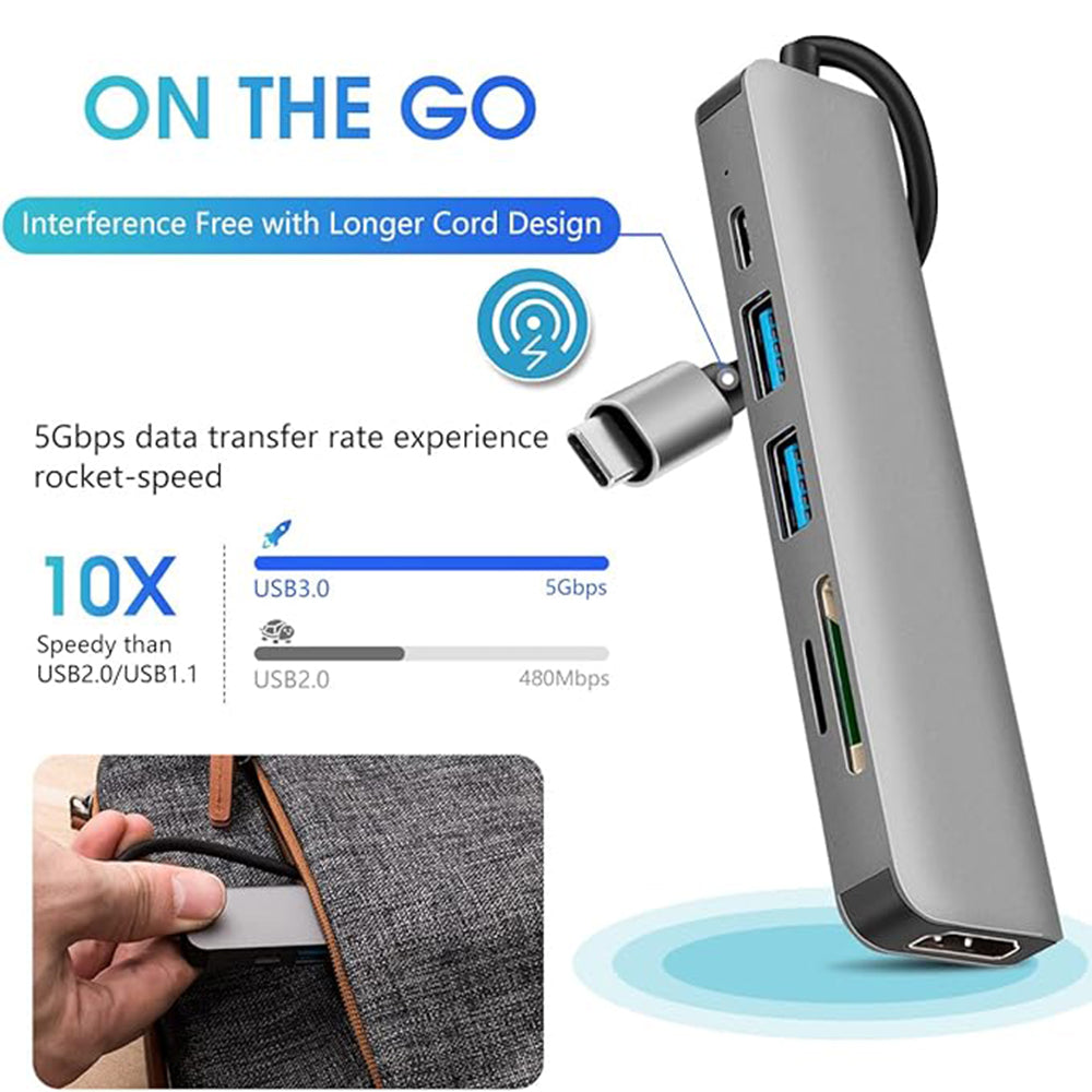 USB-C Hub 6-in-1 Multiport Adapter - HDMI 4K, SD/TF Kaartlezer, USB 3.0, 100W PD - Space Grey