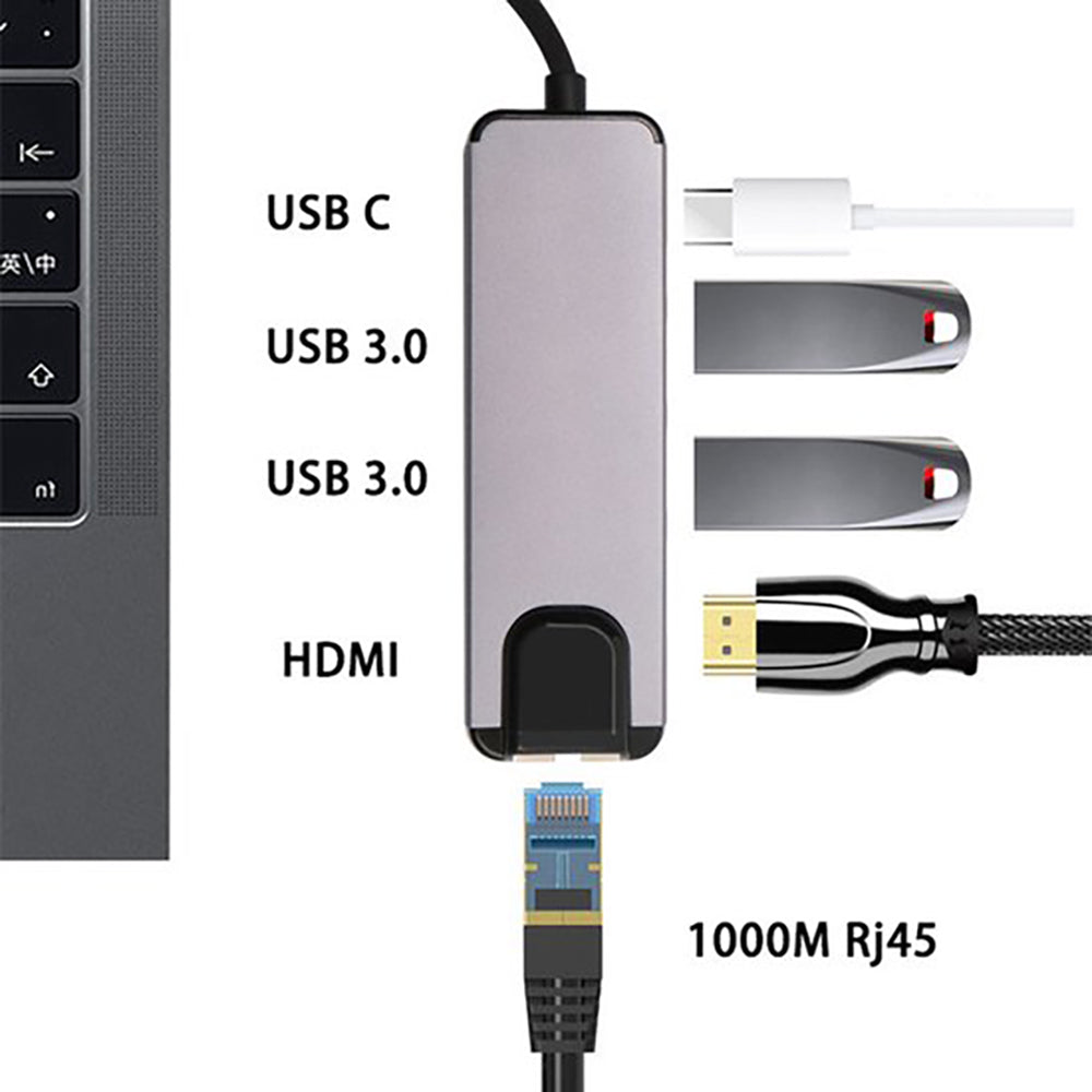 USB-C Hub 5-in-1 Ethernet HDMI USB 3.0 USB-C Docking Station Adapter USB Splitter Grijs Geschikt voor Laptop MacBook en Notebook