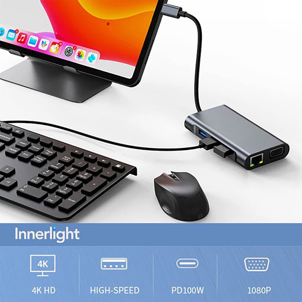 11-in-1 USB-C Hub USB Splitter USB Hub USB-C Dock met USB 3.0 4K UHD HDMI VGA SD en Micro SD Kaartlezer AUX Internet Adapter MacBook Windows Tablet