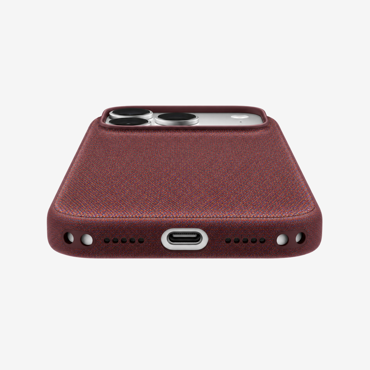 Merkloos geweven hoesje voor iPhone 18 Pro in Bordeauxrood, onderaanzicht, zonder logo, achtergrond #F5F5F5
