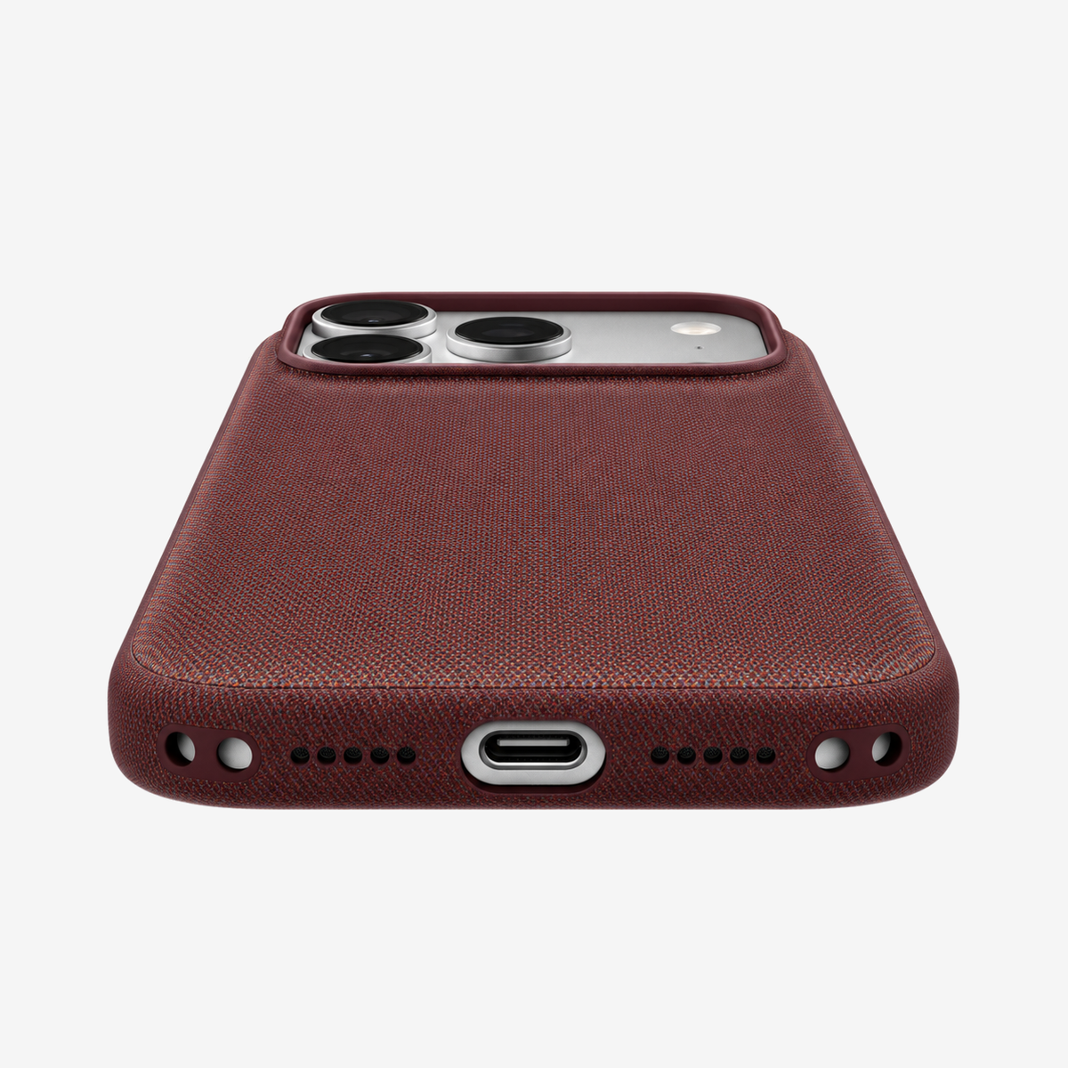 Merkloos geweven hoesje voor iPhone 18 Pro Max Bordeauxrood zonder logo – onderaanzicht