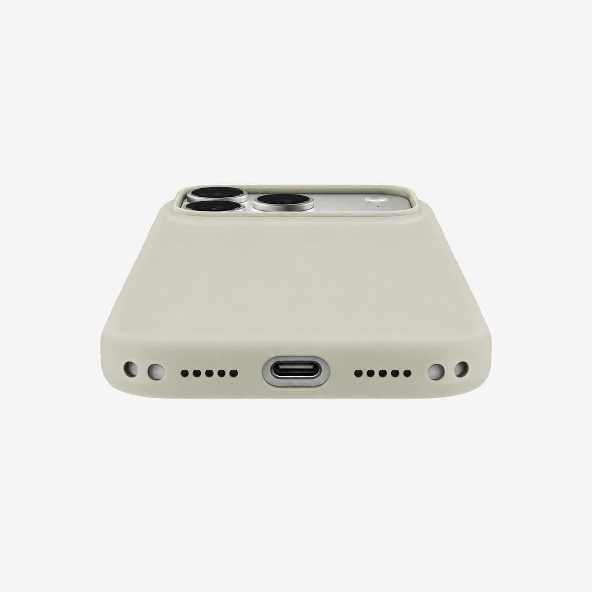 Siliconenhoesje voor iPhone 18 Pro Max in Vanilla, onderaanzicht, zonder logo op lichtgrijze achtergrond