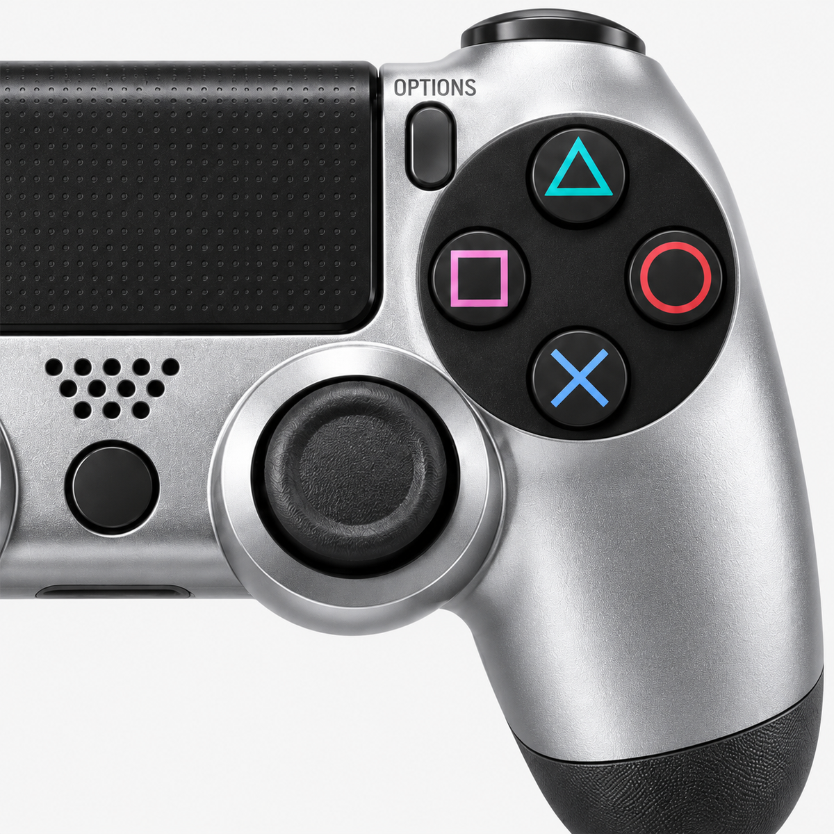 Merkloze PS4-controller Zilver (Silver) – detail actieknoppen (kleurillustratie)