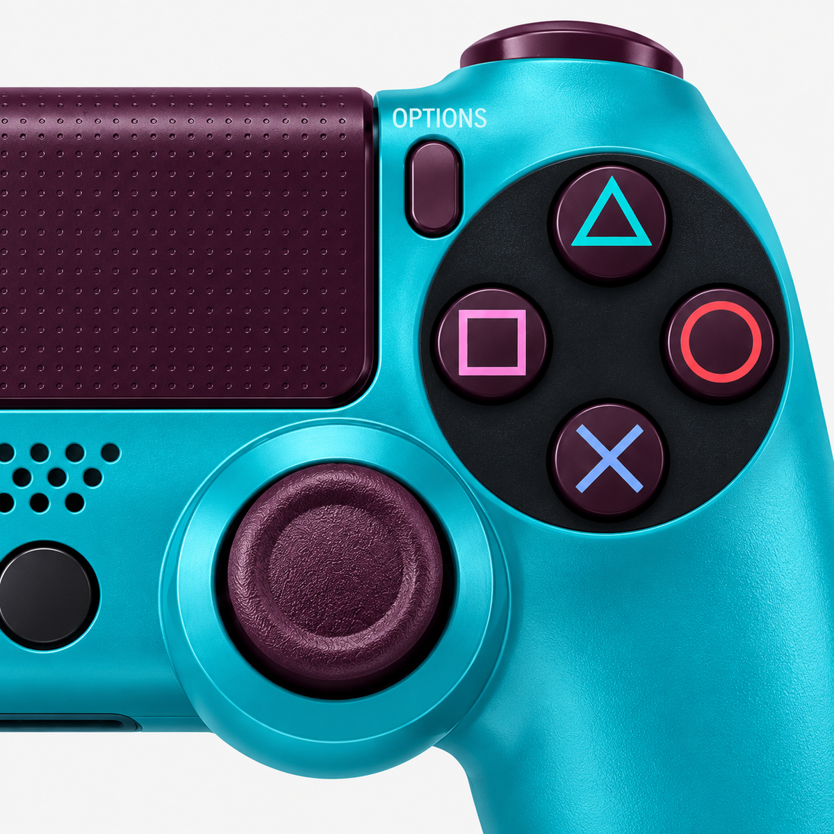 Merkloze PS4-controller Blauw/paars (Berry Blue) – detail actieknoppen (kleurillustratie)