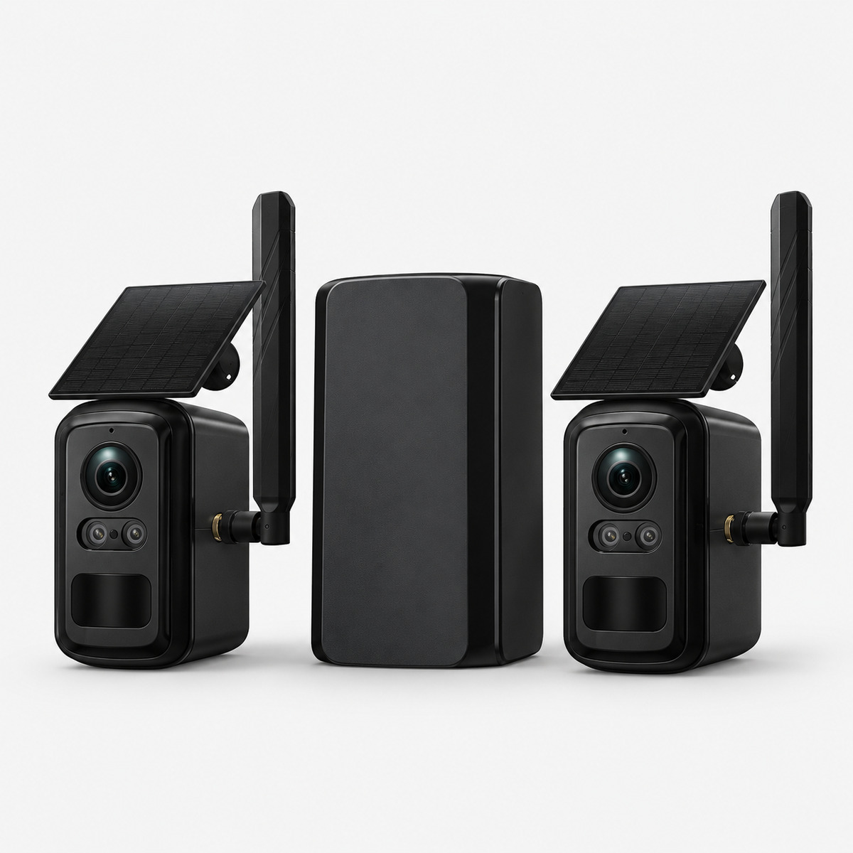 Twee zwarte solar beveiligingscamera's met wifi-repeater