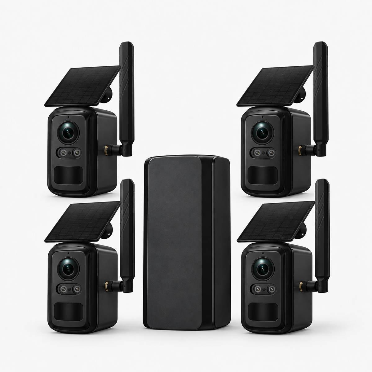 Vier zwarte solar beveiligingscamera's met wifi-repeater