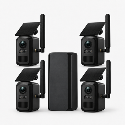 Vier zwarte solar beveiligingscamera's met wifi-repeater