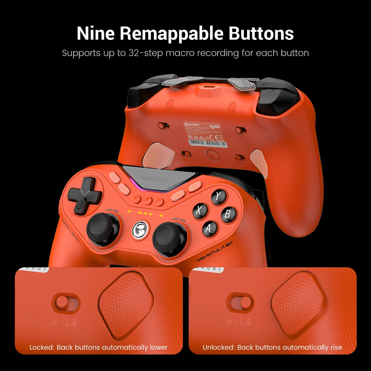 GameSir Tarantula 8K oranje achterzijde en knoppen