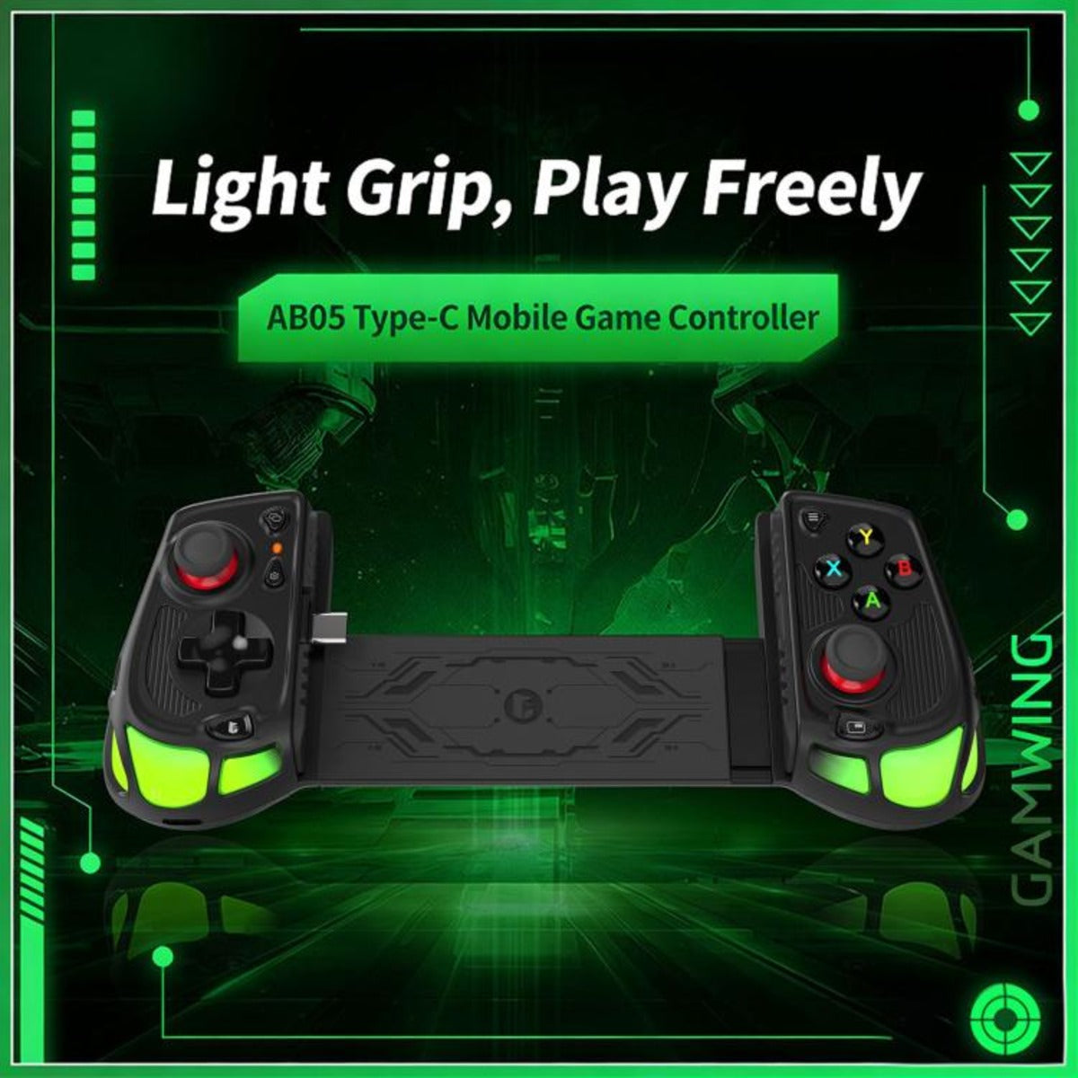 Gamwing AB05 gamecontroller zwart groen, recht vooraanzicht