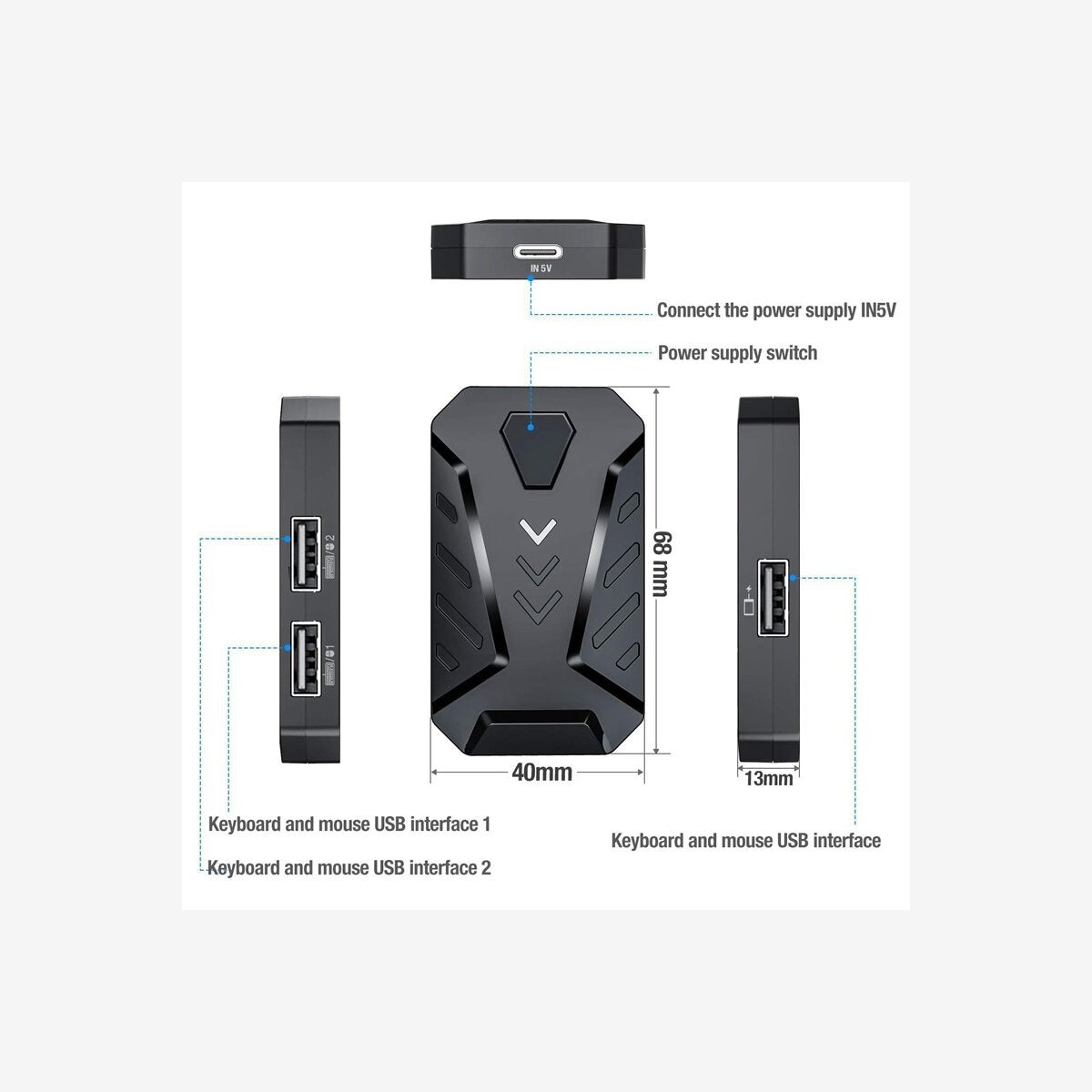 GAMWING MIX Pro converter met afmetingen en aansluitingen