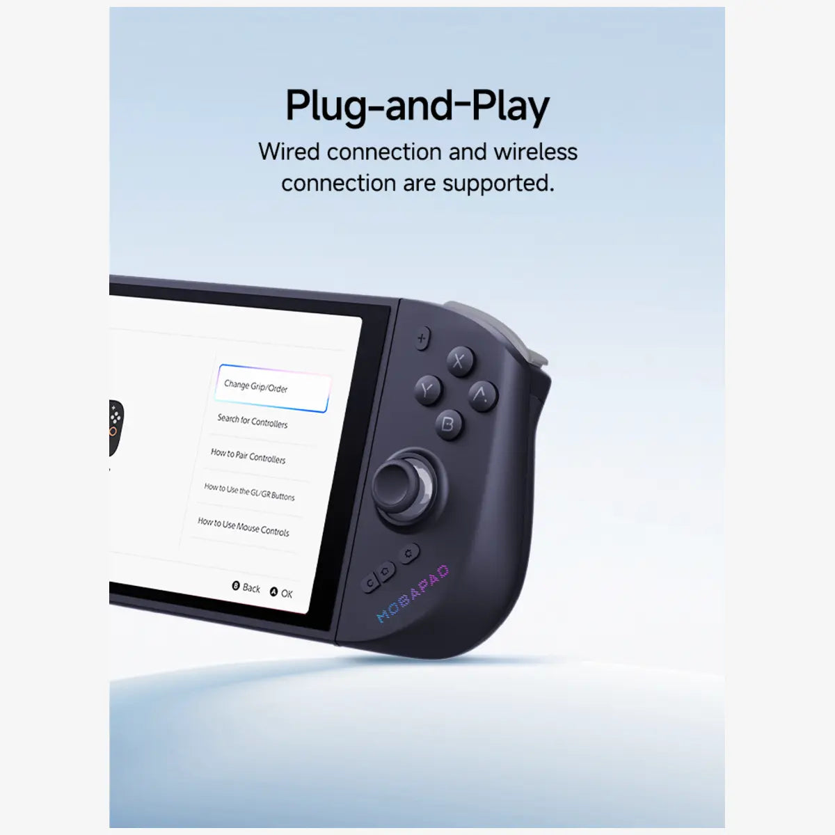 Mobapad M12-S aangesloten op Switch 2, schuin aanzicht