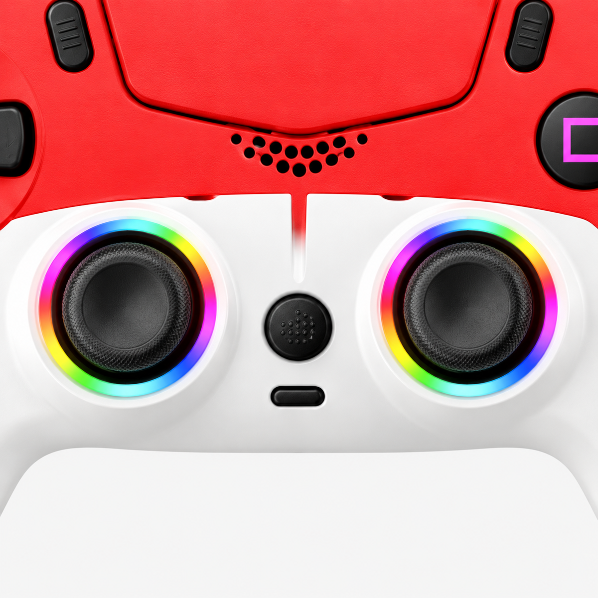 Tweekleurige gamecontroller rood wit – detail sticks en verlichting
