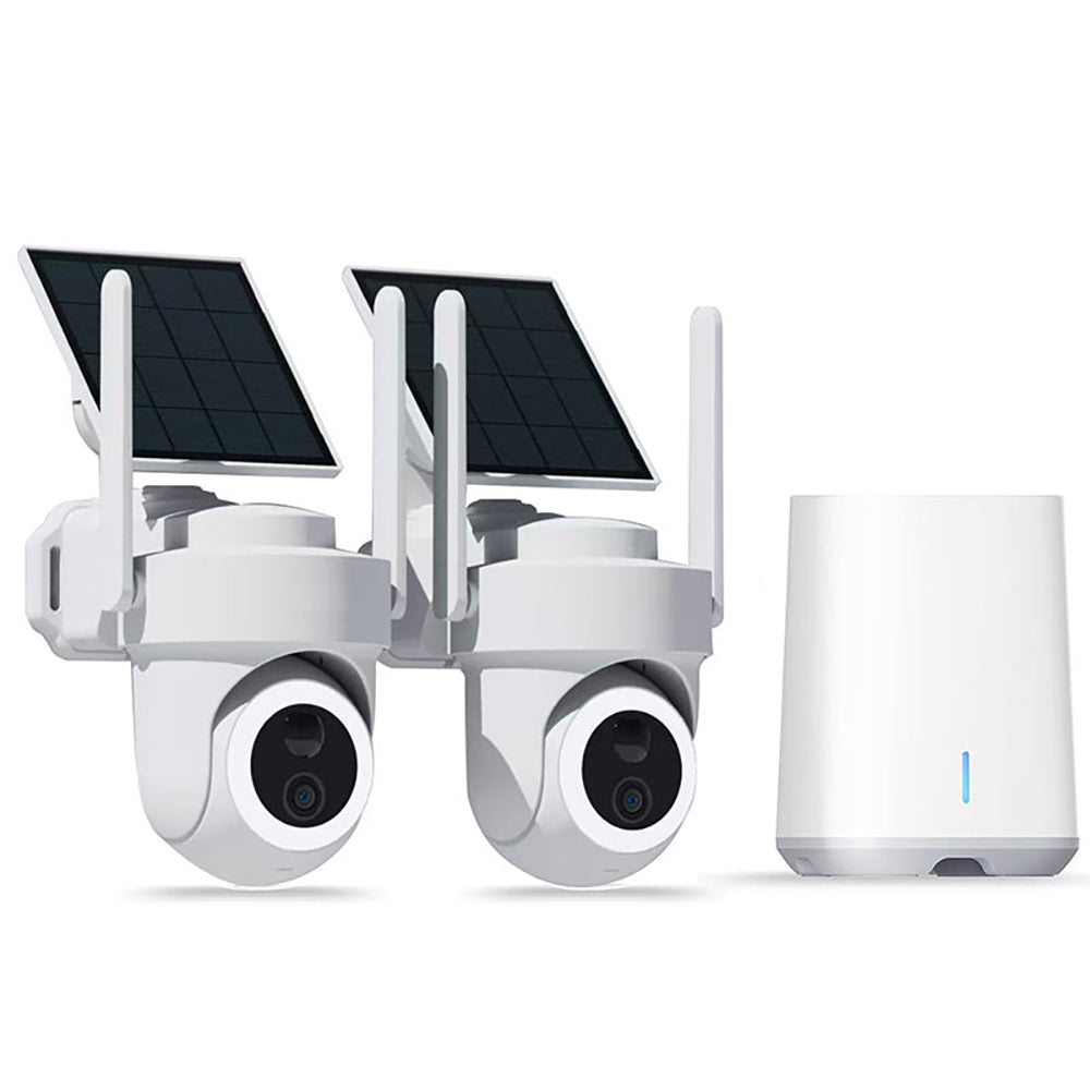 Nieuwste 4K solar beveiligingscamera set voor buiten, draadloos beveiligingssysteem met 2 PTZ‑camera’s, 2.4G/5G WiFi, nachtzicht en 64GB opslag