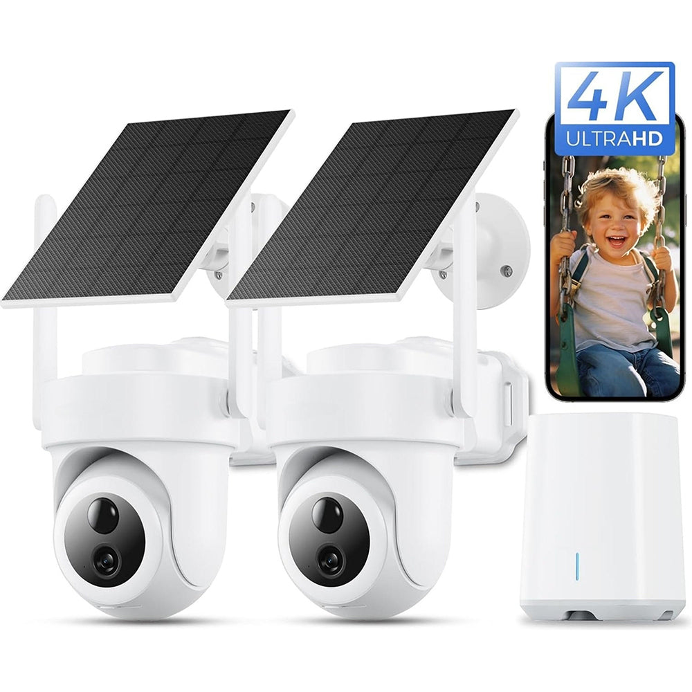 Nieuwste 4K solar beveiligingscamera set voor buiten, draadloos beveiligingssysteem met 2 PTZ‑camera’s, 2.4G/5G WiFi, nachtzicht en 64GB opslag