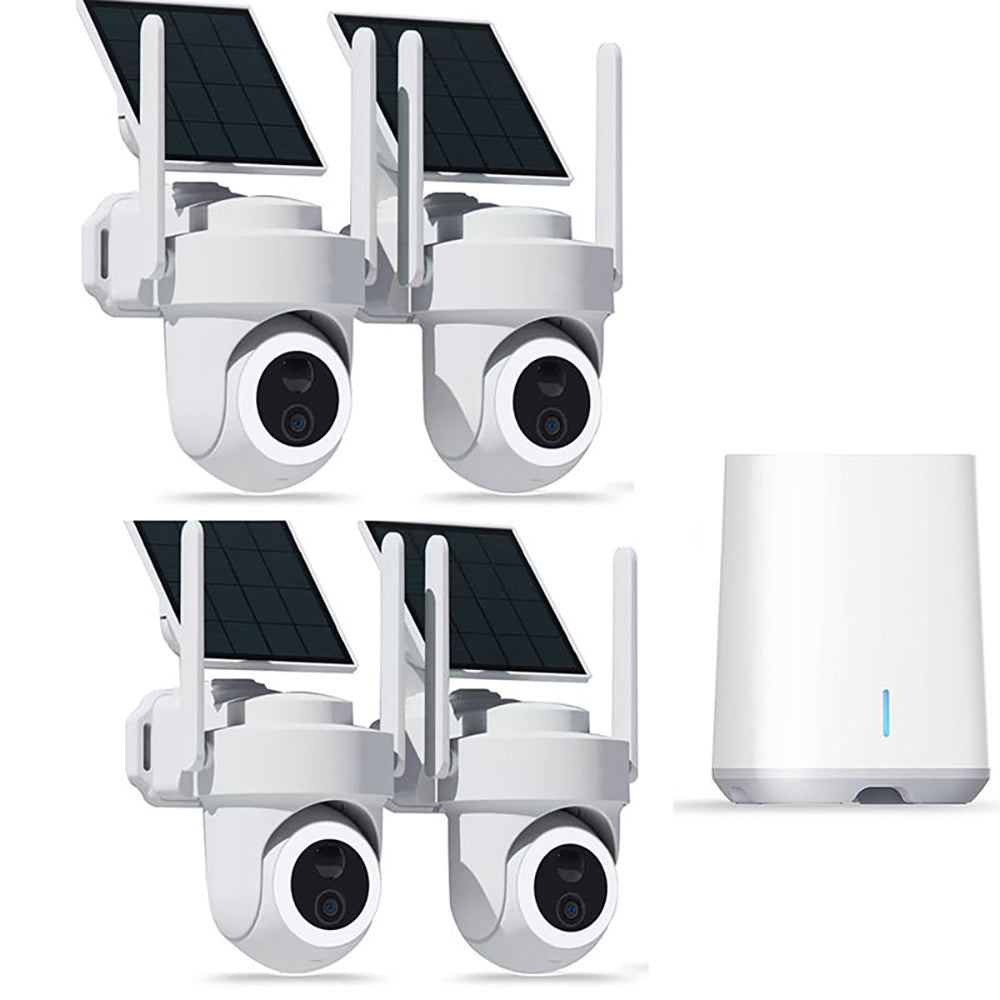 Nieuwste 4K solar beveiligingscamera set voor buiten, draadloos beveiligingssysteem met 4 PTZ‑camera’s, 2.4G/5G WiFi, nachtzicht en 64GB opslag
