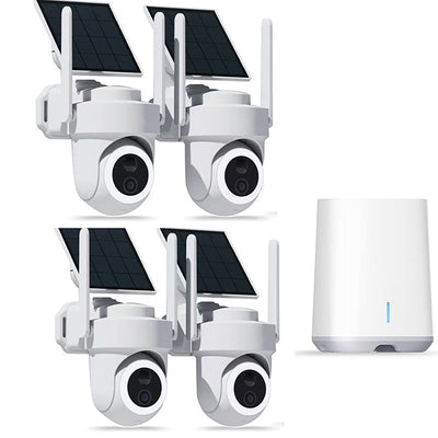 Nieuwste 4K solar beveiligingscamera set voor buiten, draadloos beveiligingssysteem met 4 PTZ‑camera’s, 2.4G/5G WiFi, nachtzicht en 64GB opslag
