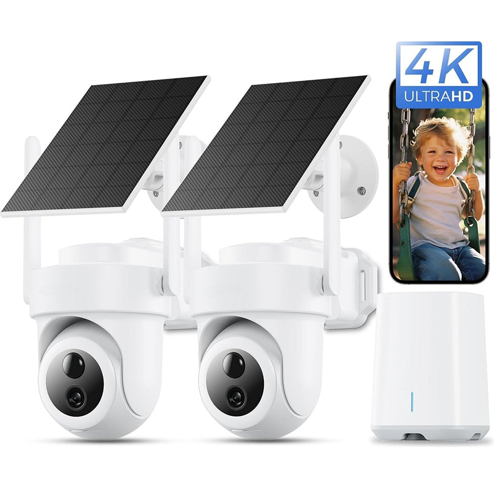 Nieuwste 4K solar beveiligingscamera set voor buiten, draadloos beveiligingssysteem met 4 PTZ‑camera’s, 2.4G/5G WiFi, nachtzicht en 64GB opslag