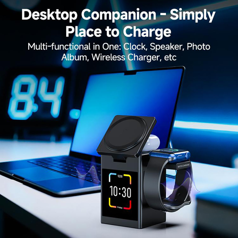 S5D 3‑in‑1 15W multifunctionele draadloze oplader met touchscreen en Bluetooth‑luidspreker (zwart)