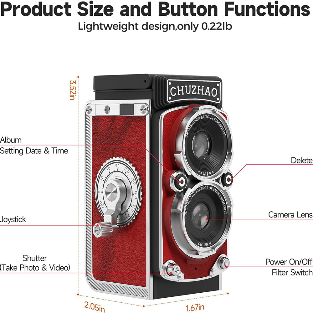 Chuzhao Retro TLR Digitale Camera - Vintage Twin-Lens Design - 1080p Full HD - 12MP Autofocus - 16GB - Rood