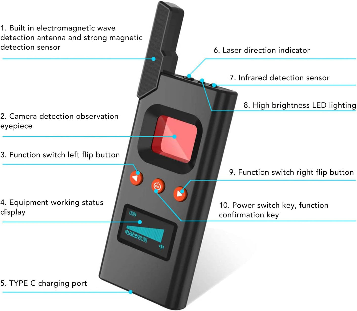 Professionele Draagbare Signaaldetector Anti-Spionage RF en Trillings Scanner met LED-indicator