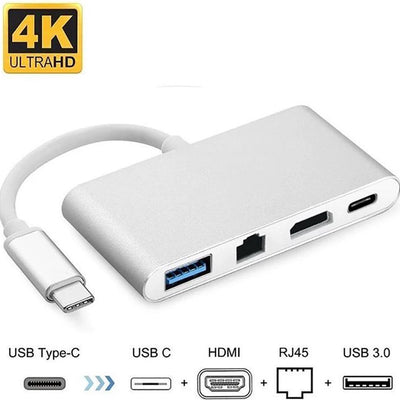 USB-C Hub 4-in-1 met Gigabit Ethernet RJ45, HDMI 4K, USB 3.0 en USB-C - Space Grey/White