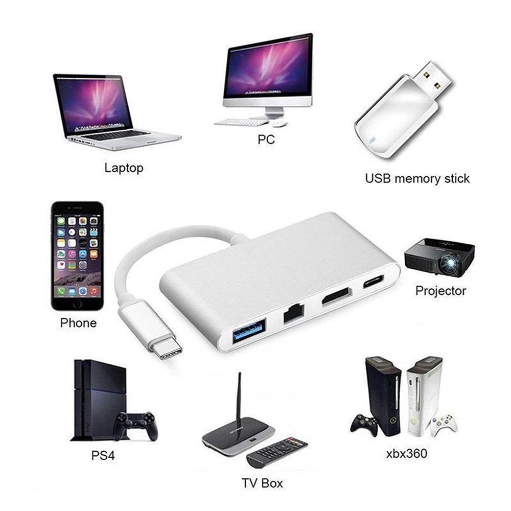 USB-C Hub 4-in-1 met Gigabit Ethernet RJ45, HDMI 4K, USB 3.0 en USB-C - Space Grey/White