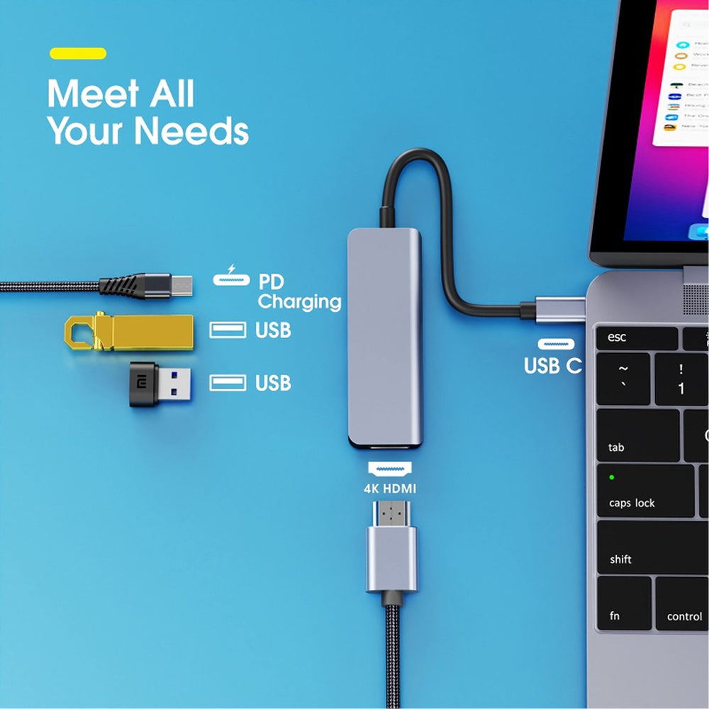 USB-C Adapter 4-in-1 met HDTV, USB 3.0 en PD - Type-C Hub HDMI 4K - Space Grey