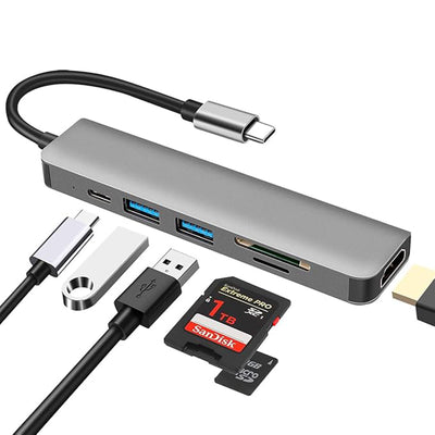 USB-C Hub 6-in-1 Multiport Adapter - HDMI 4K, SD/TF Kaartlezer, USB 3.0, 100W PD - Space Grey