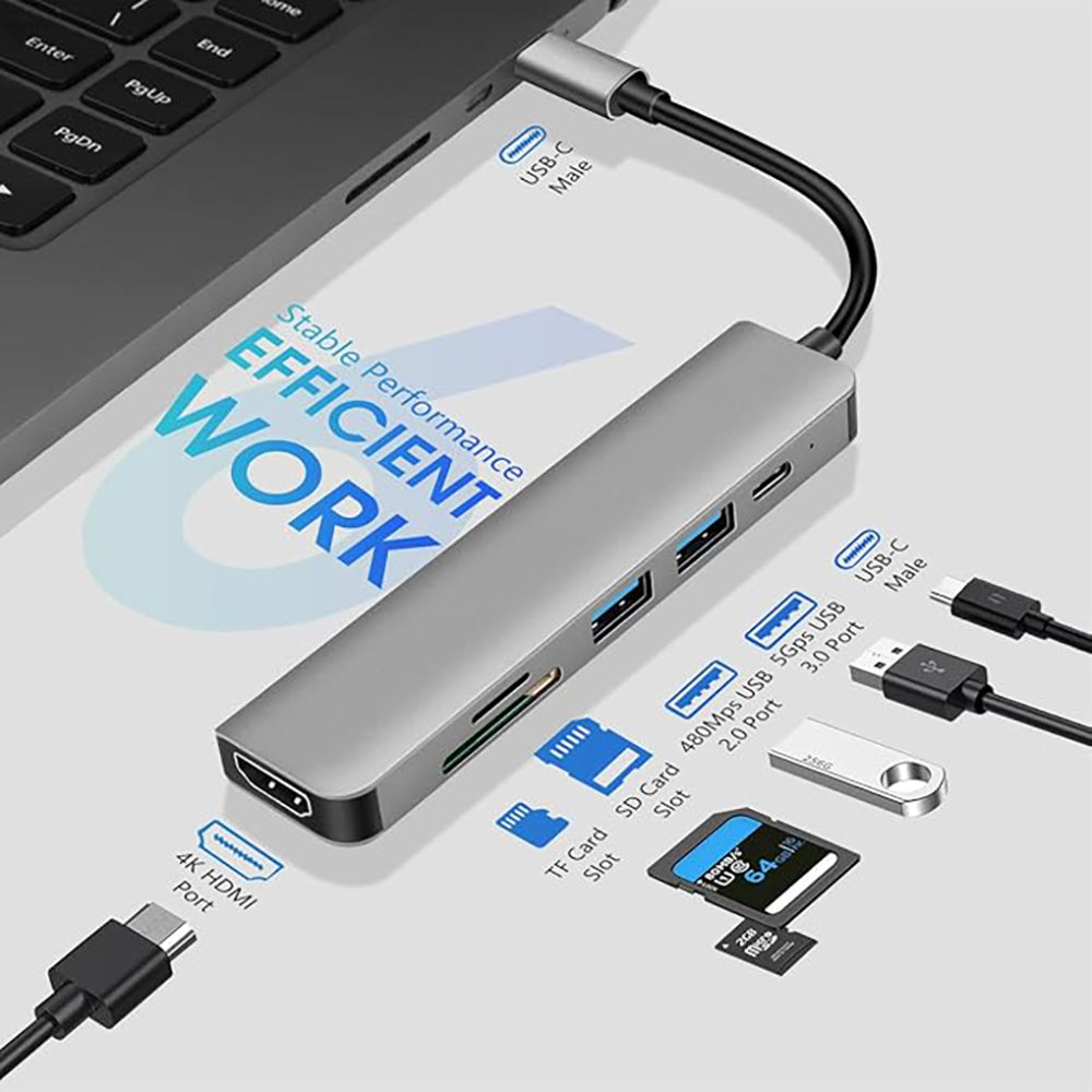 USB-C Hub 6-in-1 Multiport Adapter - HDMI 4K, SD/TF Kaartlezer, USB 3.0, 100W PD - Space Grey