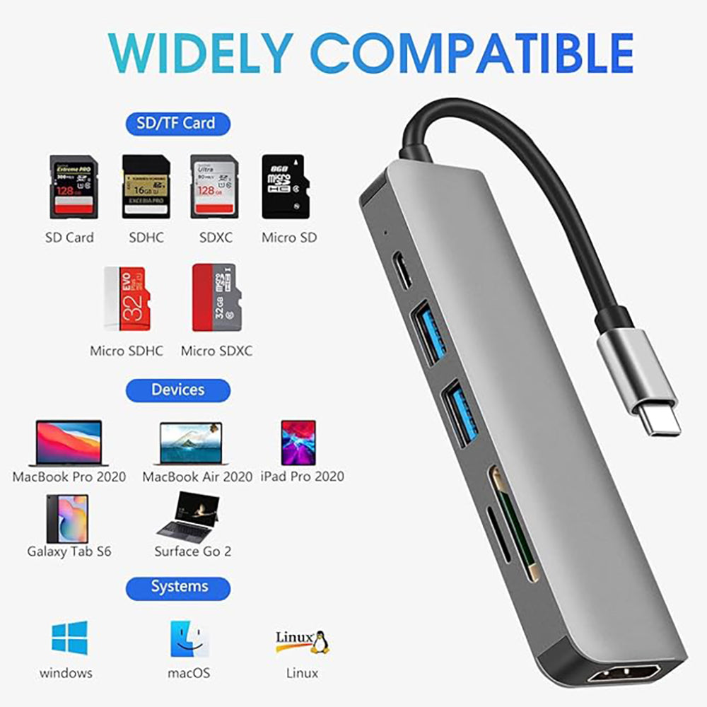 USB-C Hub 6-in-1 Multiport Adapter - HDMI 4K, SD/TF Kaartlezer, USB 3.0, 100W PD - Space Grey