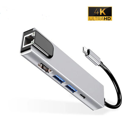USB-C Hub 5-in-1 Ethernet HDMI USB 3.0 USB-C Docking Station Adapter USB Splitter Grijs Geschikt voor Laptop MacBook en Notebook