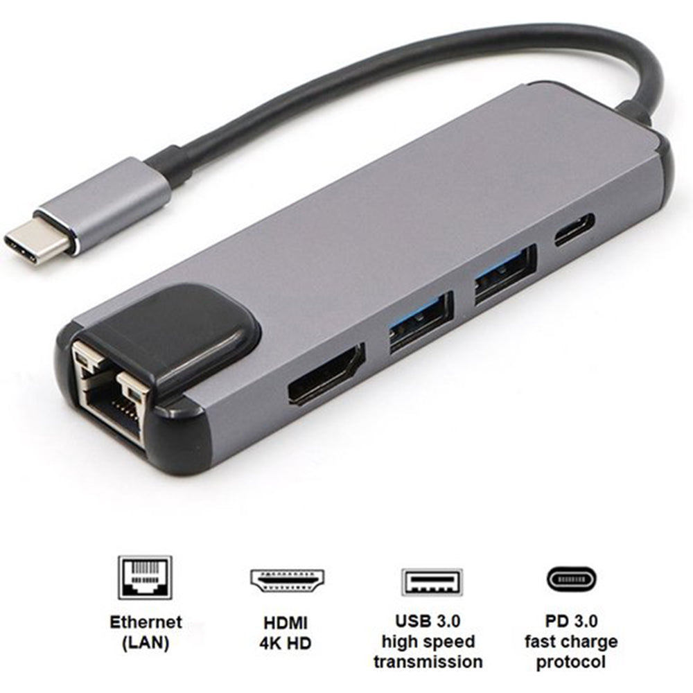 USB-C Hub 5-in-1 Ethernet HDMI USB 3.0 USB-C Docking Station Adapter USB Splitter Grijs Geschikt voor Laptop MacBook en Notebook