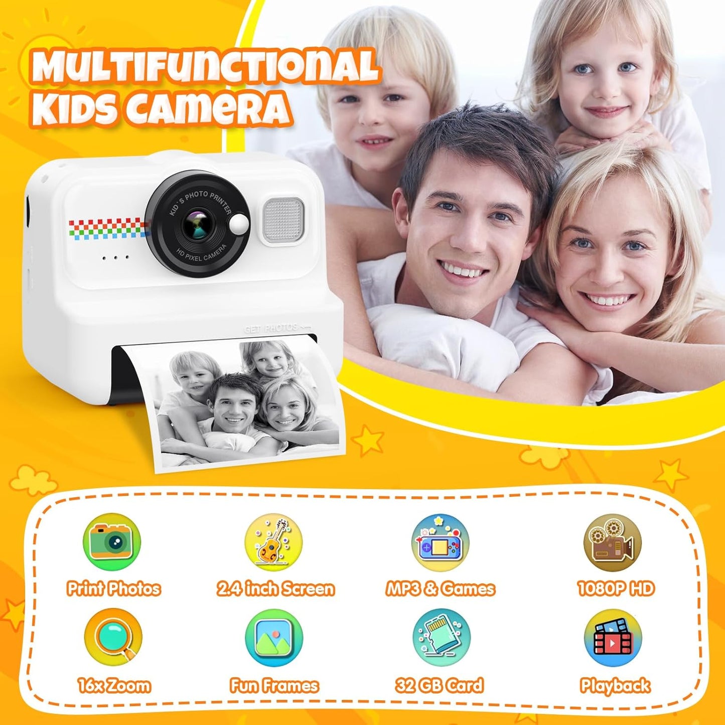 Instant Print Camera met Flitser, LCD Scherm en Draaibare Lens Direct Foto’s Printen