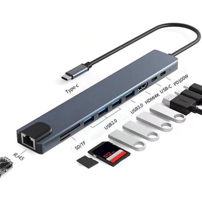 USB-C Hub 10-in-1 4K HDMI USB-C 100W Snellader 4 USB A SD TF Kaartlezer RJ45 Ethernet Poort USB Splitter voor Laptop iPhone Samsung iPad MacBook Windows