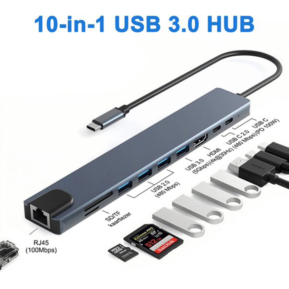 USB-C Hub 10-in-1 4K HDMI USB-C 100W Snellader 4 USB A SD TF Kaartlezer RJ45 Ethernet Poort USB Splitter voor Laptop iPhone Samsung iPad MacBook Windows