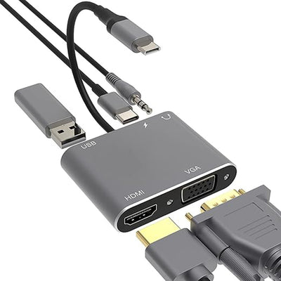 USB-C Hub Multiport Adapter 5-in-1 4K HDMI VGA 100W Power USB 3.0 Data Poorten 3.5mm Audio Microfoon Poort Geschikt voor MacBook en PC