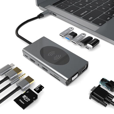14-in-1 USB-C Hub met Draadloze Oplader Type-C Multipoort Adapter 2x HDMI 4K VGA 87W 5x USB 3.0 Ethernet SD TF Kaartlezer Audio Geschikt voor MacBook PC Laptop