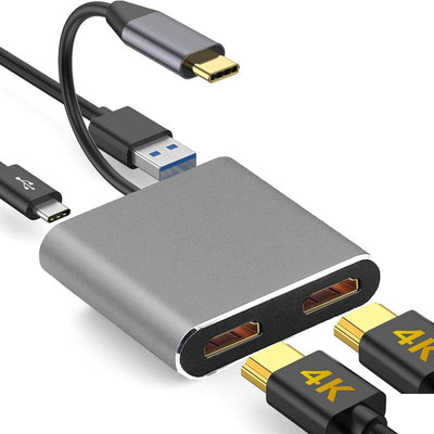 USB-C Hub Adapter 4-in-1 Dual 4K HDMI USB-C en USB 3.0 Docking Station Splitter Zwart Geschikt voor Laptop MacBook en Notebook