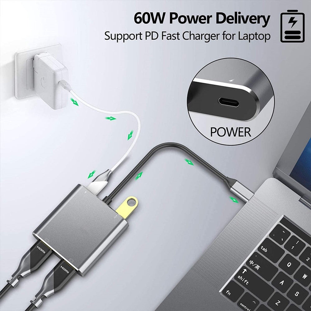 USB-C Hub Adapter 4-in-1 Dual 4K HDMI USB-C en USB 3.0 Docking Station Splitter Zwart Geschikt voor Laptop MacBook en Notebook