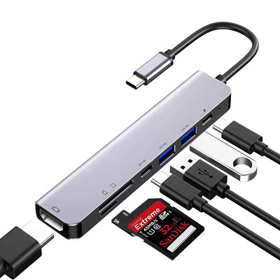 USB-C Hub 7-in-1 Adapter Multiport Dongle met USB 3.0 USB 2.0 4K HDMI PD 3.0 Oplaadpoort SD en TF Kaartlezer Geschikt voor MacBook Andere USB C Apparaten