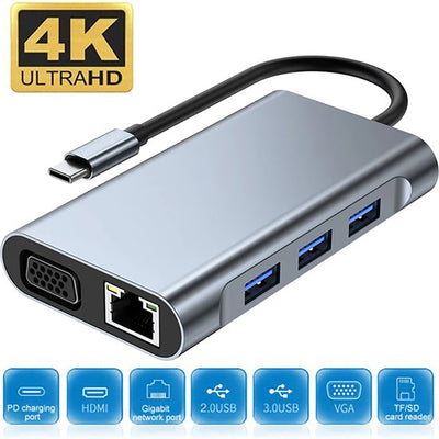 11-in-1 USB-C Hub USB Splitter USB Hub USB-C Dock met USB 3.0 4K UHD HDMI VGA SD en Micro SD Kaartlezer AUX Internet Adapter MacBook Windows Tablet