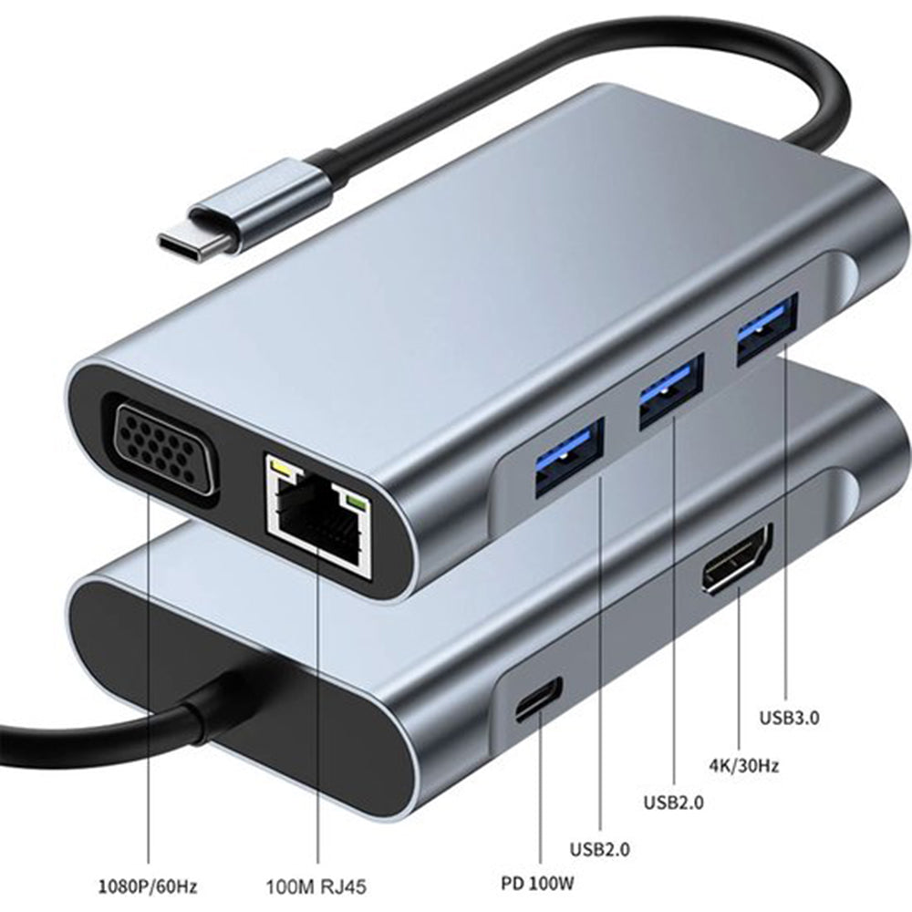 11-in-1 USB-C Hub USB Splitter USB Hub USB-C Dock met USB 3.0 4K UHD HDMI VGA SD en Micro SD Kaartlezer AUX Internet Adapter MacBook Windows Tablet