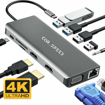 12-in-1 USB-C Docking Station voor Laptop met Dual HDMI Premium VGA USB-C Hub in Space Grey Geschikt voor MacBook Windows en Andere USB-C Apparaten