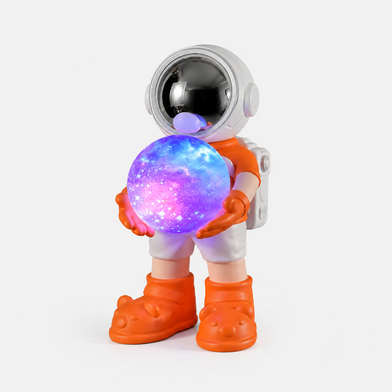 Oranje astronaut Bluetooth speaker met verlichte galaxy bol