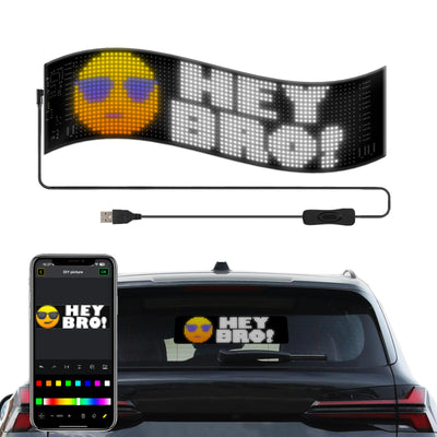 Flexibel RGB LED display gemonteerd in autoruit en bediend met smartphone