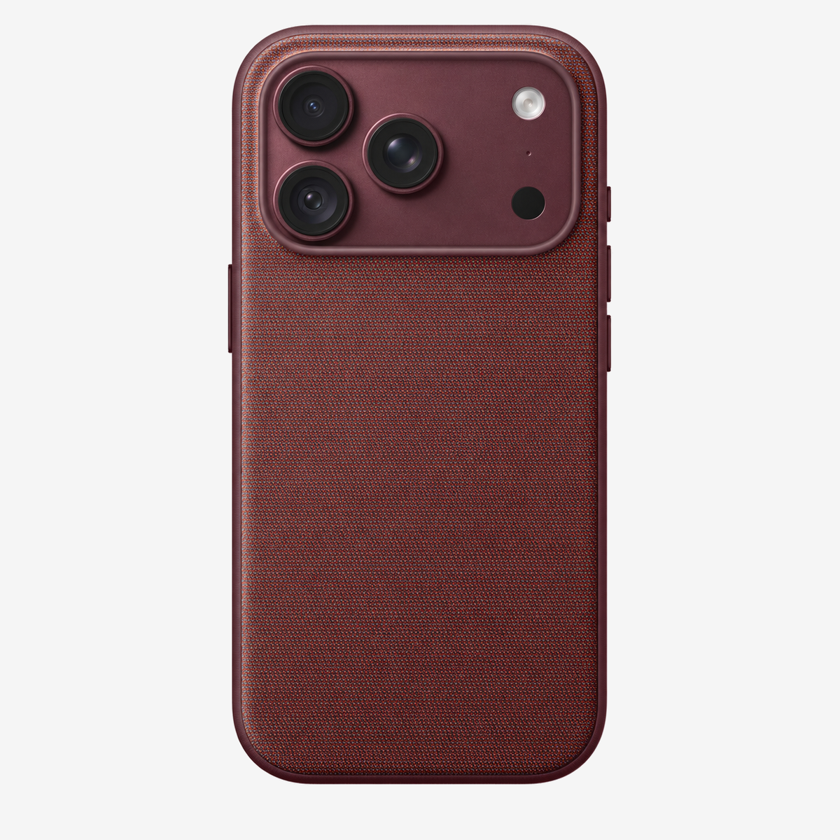 Merkloos geweven hoesje voor iPhone 18 Pro in Bordeauxrood, achteraanzicht, zonder logo, achtergrond #F5F5F5
