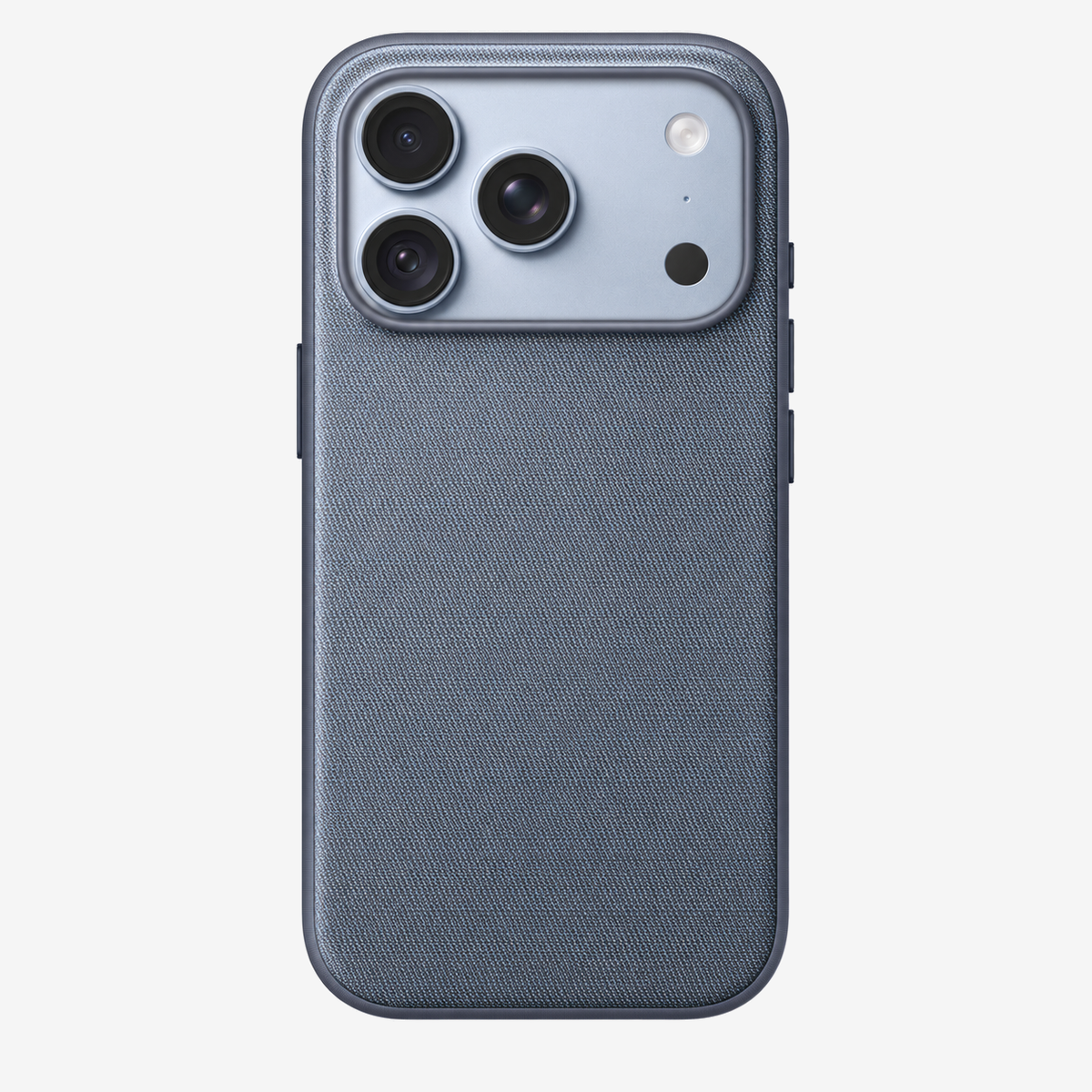 Merkloos geweven hoesje voor iPhone 18 Pro in Chambray-blauw, achteraanzicht, zonder logo, achtergrond #F5F5F5
