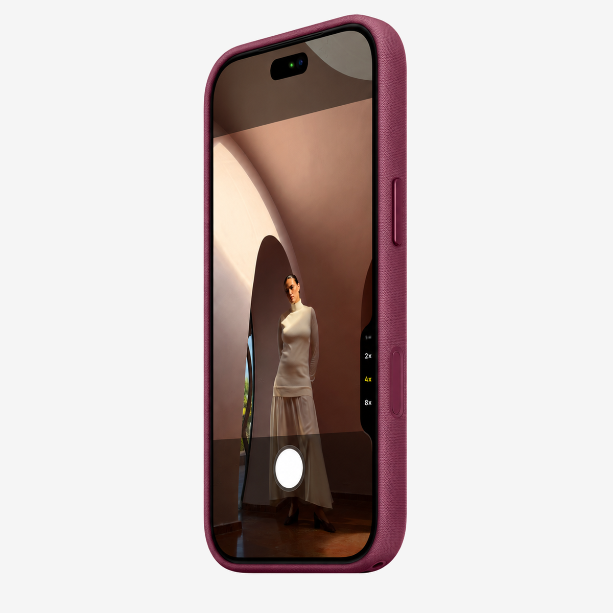 Merkloos geweven hoesje voor iPhone 18 Pro Max Moerbei zonder logo – vooraanzicht schuin