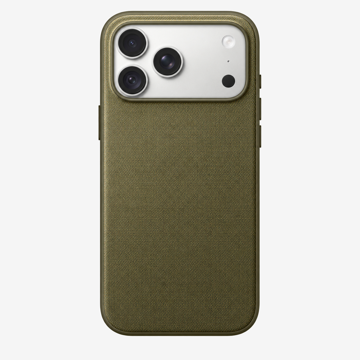 Merkloos geweven hoesje voor iPhone 18 Pro Max Olijfgroen zonder logo – achteraanzicht
