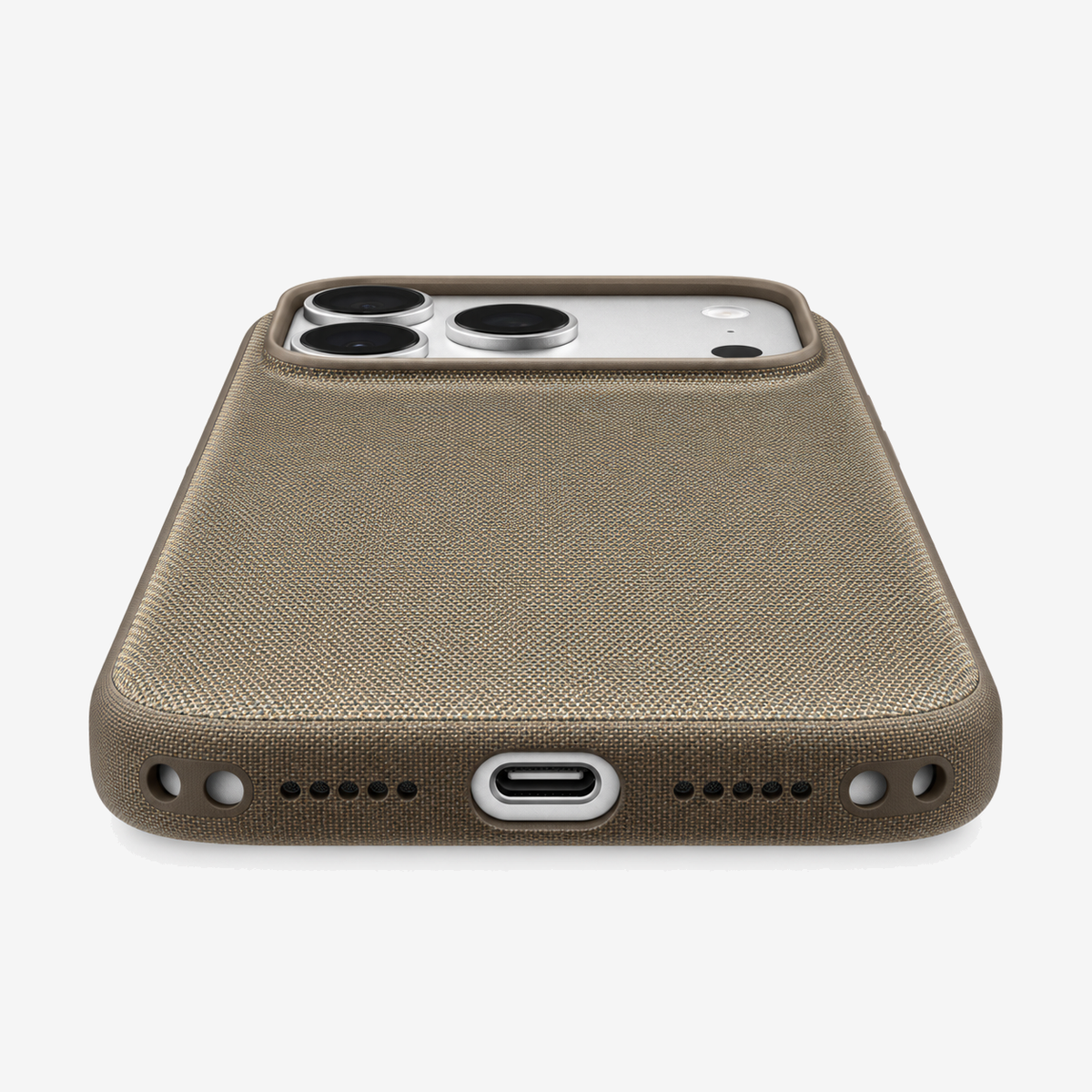 Merkloos geweven hoesje voor iPhone 18 Pro Max Taupe zonder logo – onderaanzicht